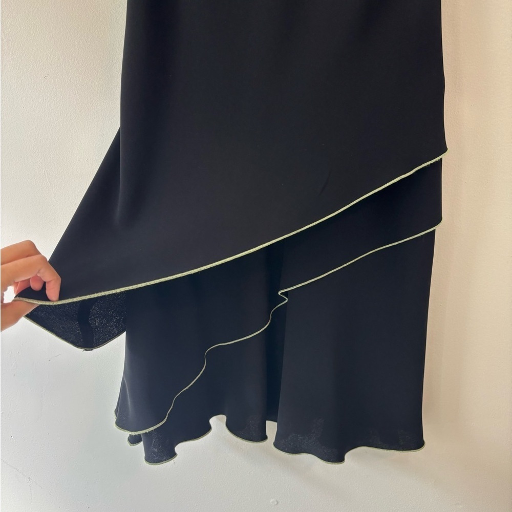 Deadstock Y2K Black Ruffle Formal Asymmetrical Midi Dress Flower Pin - Small Med - Picture 10 of 12